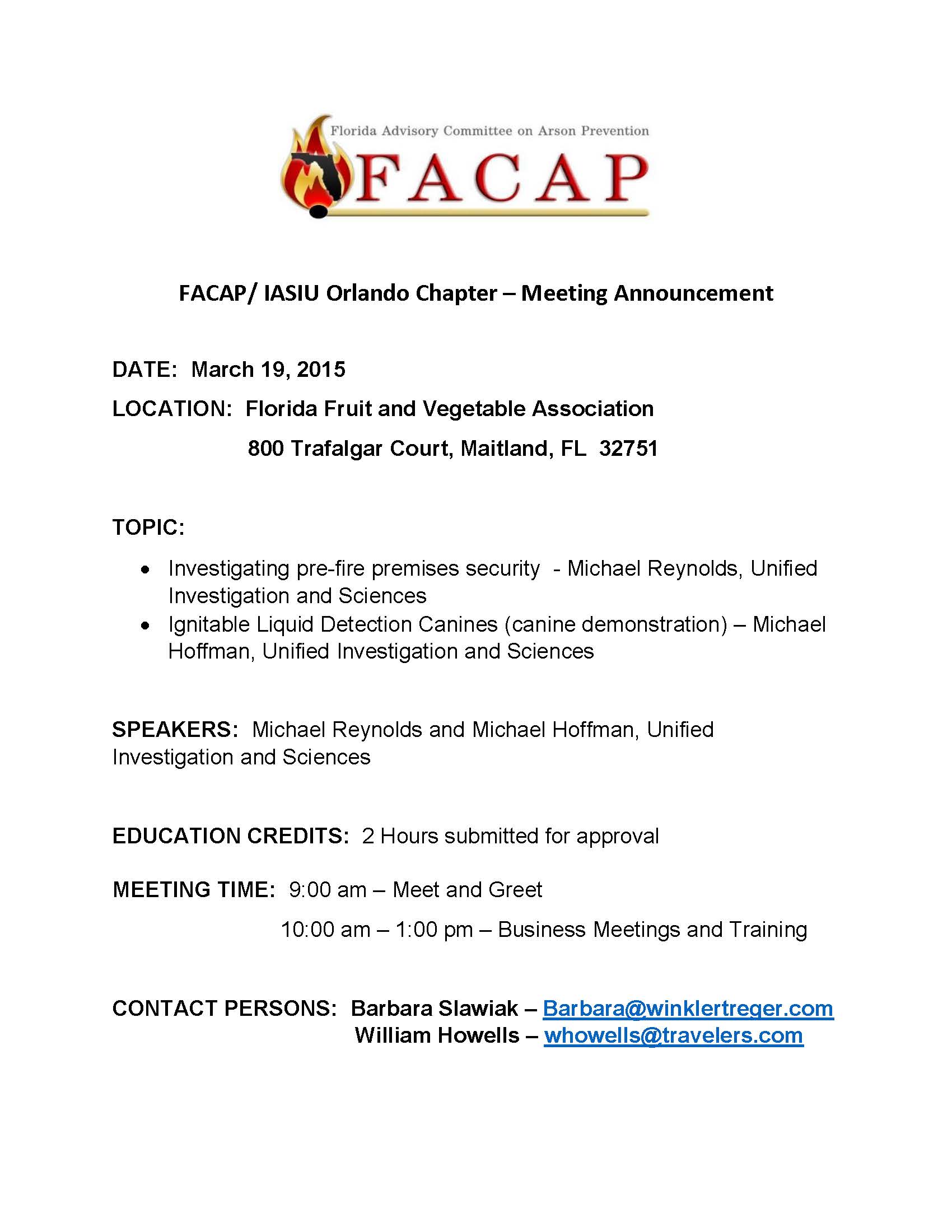 FACAP MEETING ANNOUNCEMENT - March  19 2015